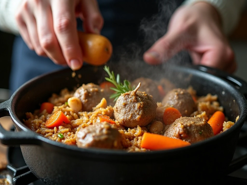 Zirvak cooking in a Dutch oven for Uzbek plov