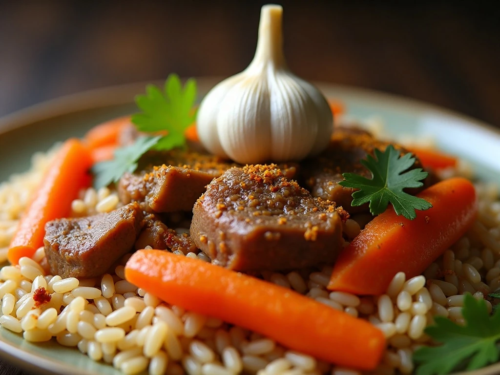 Close-up of fluffy Uzbek plov with garlic and carrots