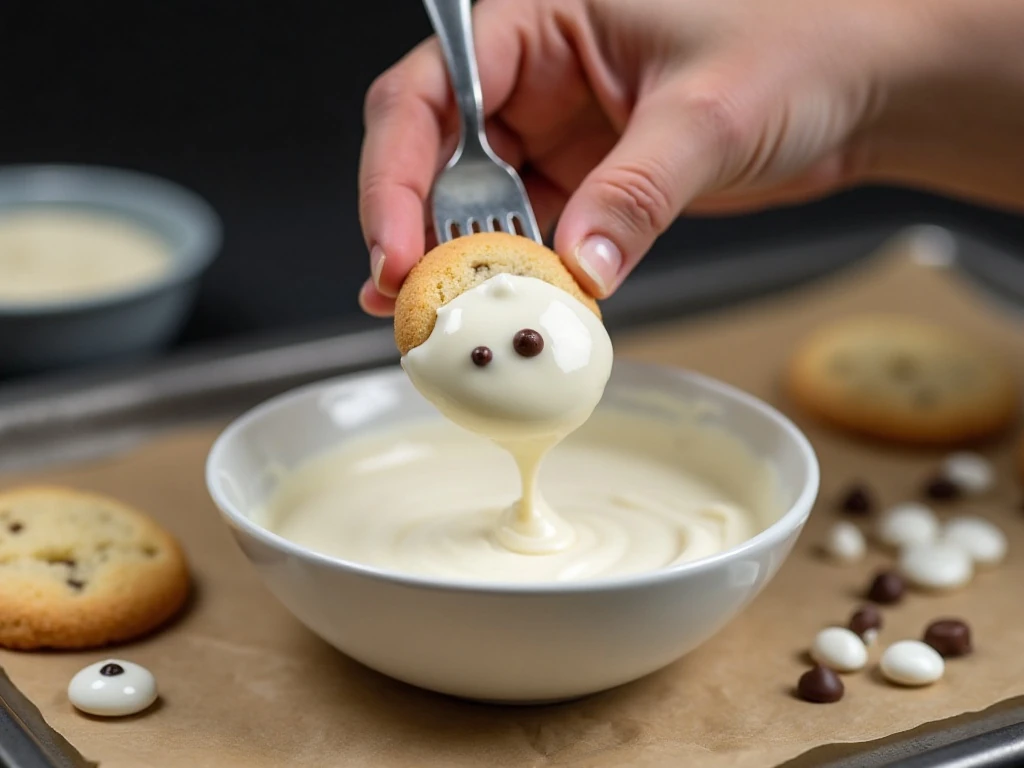 Dipping Nutter Butter cookies in white candy coating