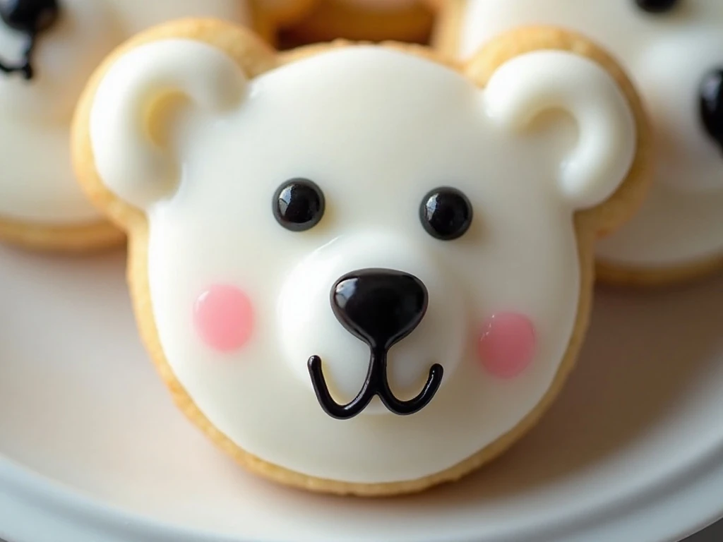 Close-up of decorated polar bear cookie face