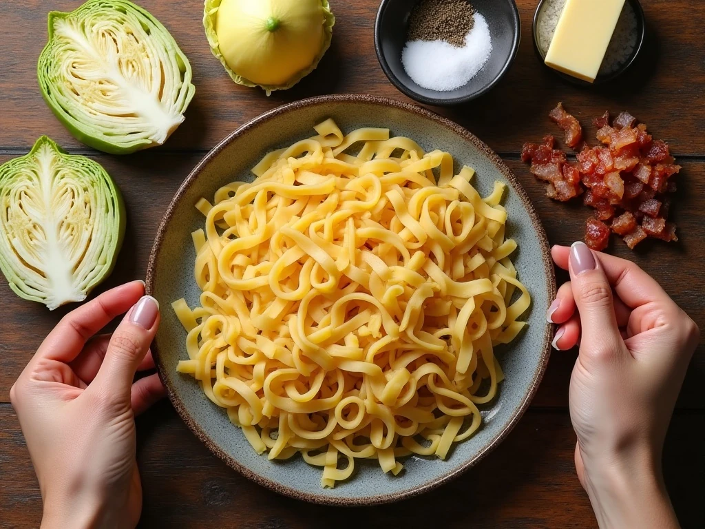 Ingredients for Polish cabbage and noodles arranged on a counter