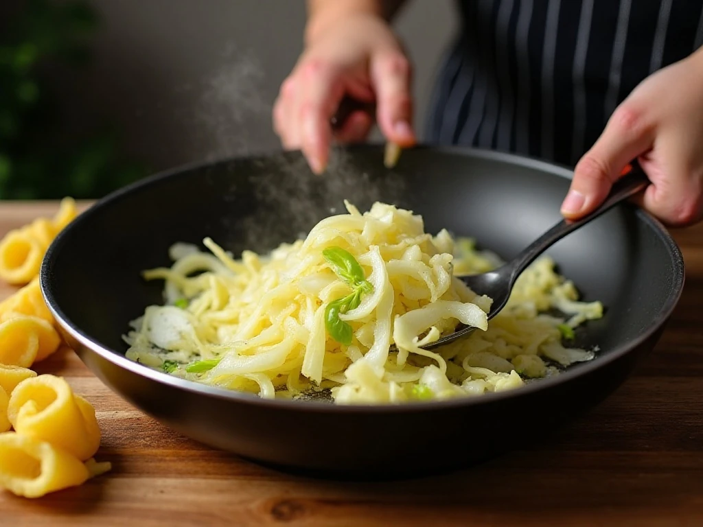 Cabbage and onion cooking in butter for haluski