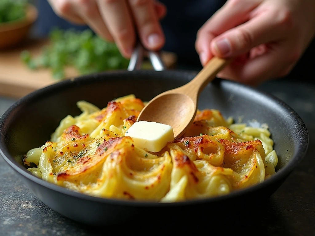 Golden browned cabbage cooking in a skillet for haluski