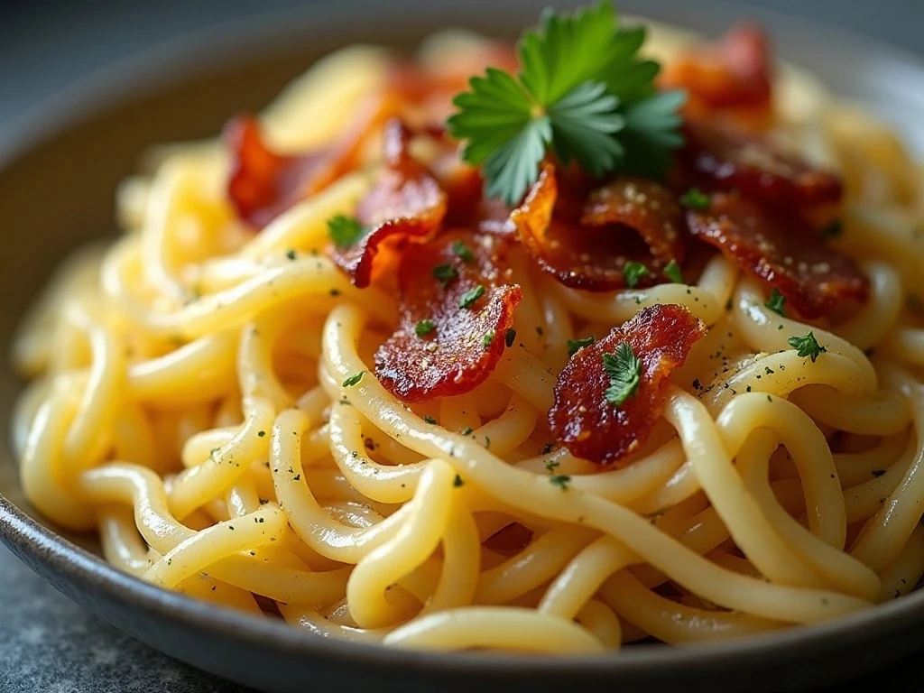 Close-up of haluski noodles with cabbage, bacon, and parsley