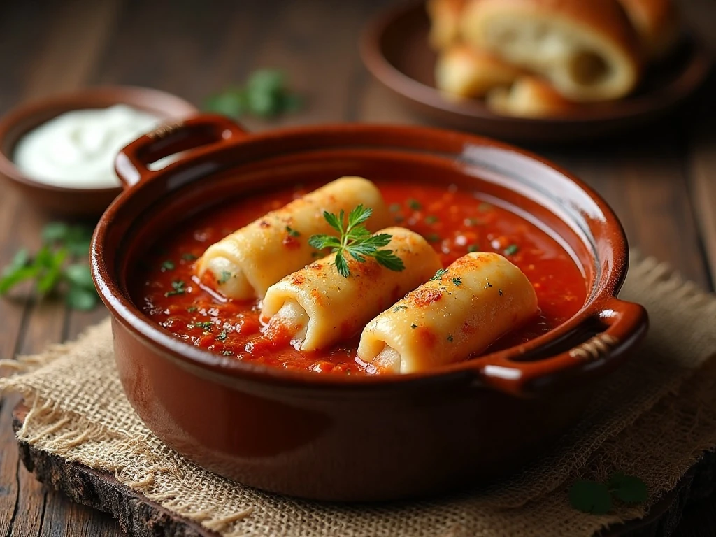 Authentic Polish cabbage rolls in tomato sauce served family style