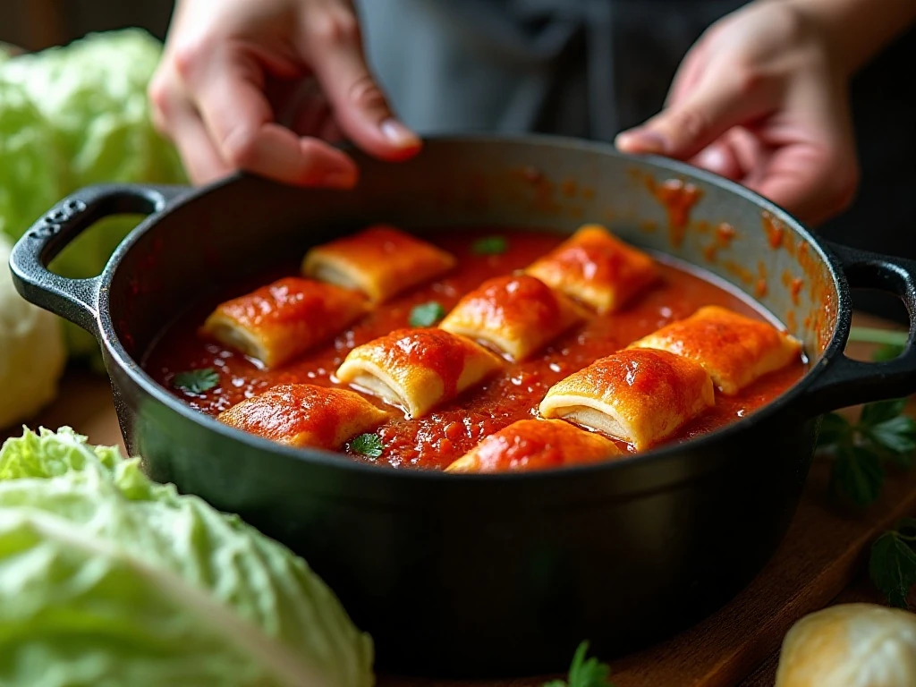 Cabbage rolls arranged seam-side down in tomato sauce