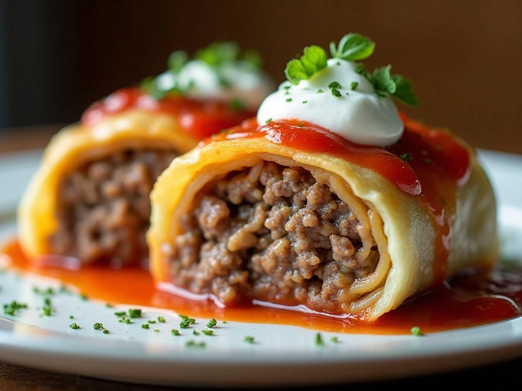 Close-up of Polish cabbage roll with tomato sauce and sour cream