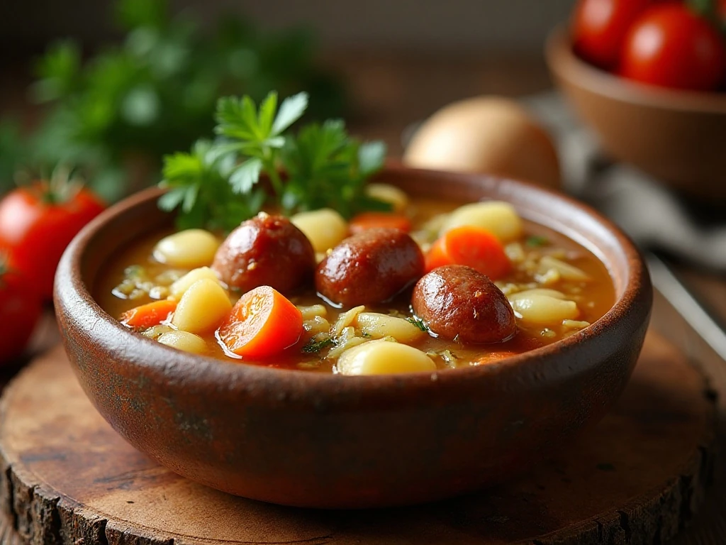 Bowl of comforting Polish sausage and cabbage soup