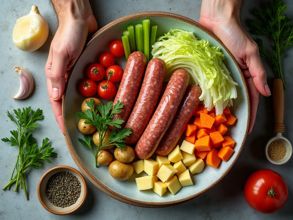 Ingredients for Polish sausage and cabbage soup arranged for cooking