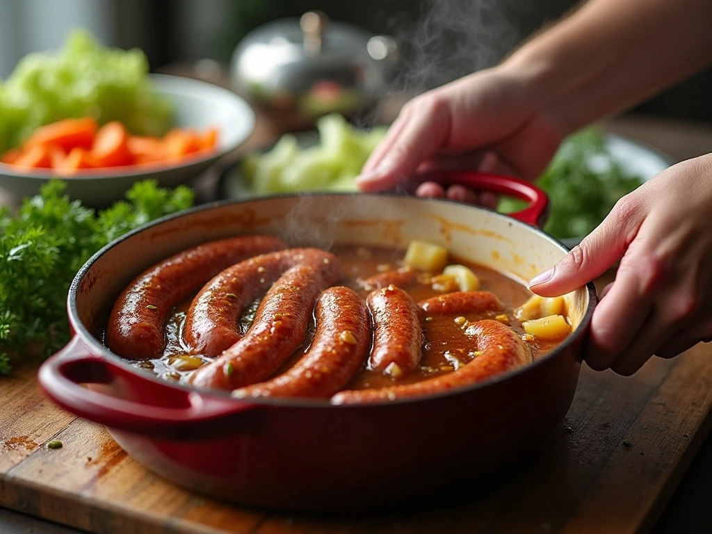 Kielbasa and vegetables browning in a Dutch oven for soup