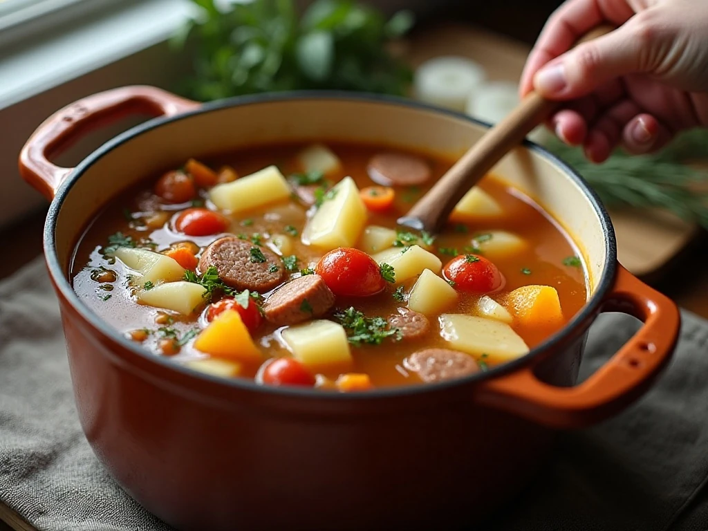 Polish sausage cabbage soup simmering with vegetables and herbs
