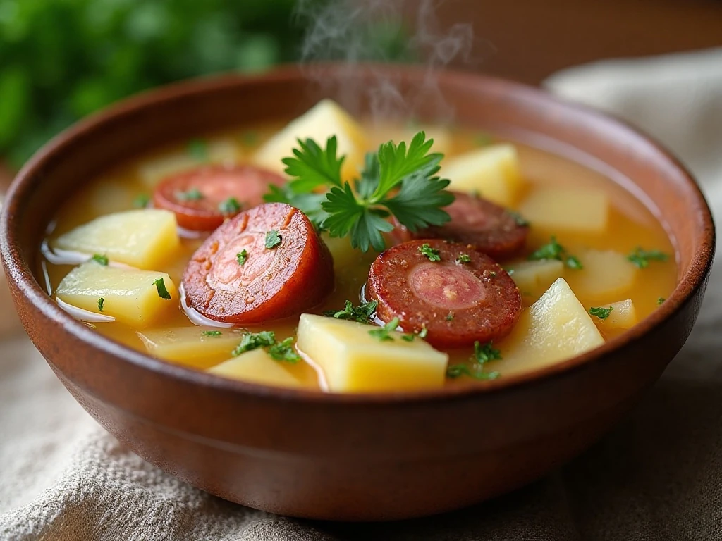 Close-up of Polish sausage and cabbage soup garnished with parsley
