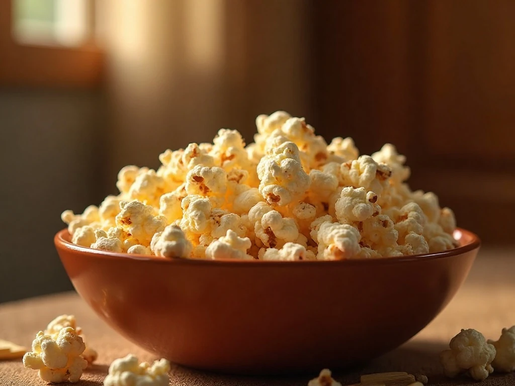 Bowl of buttery everything bagel seasoning popcorn ready to serve