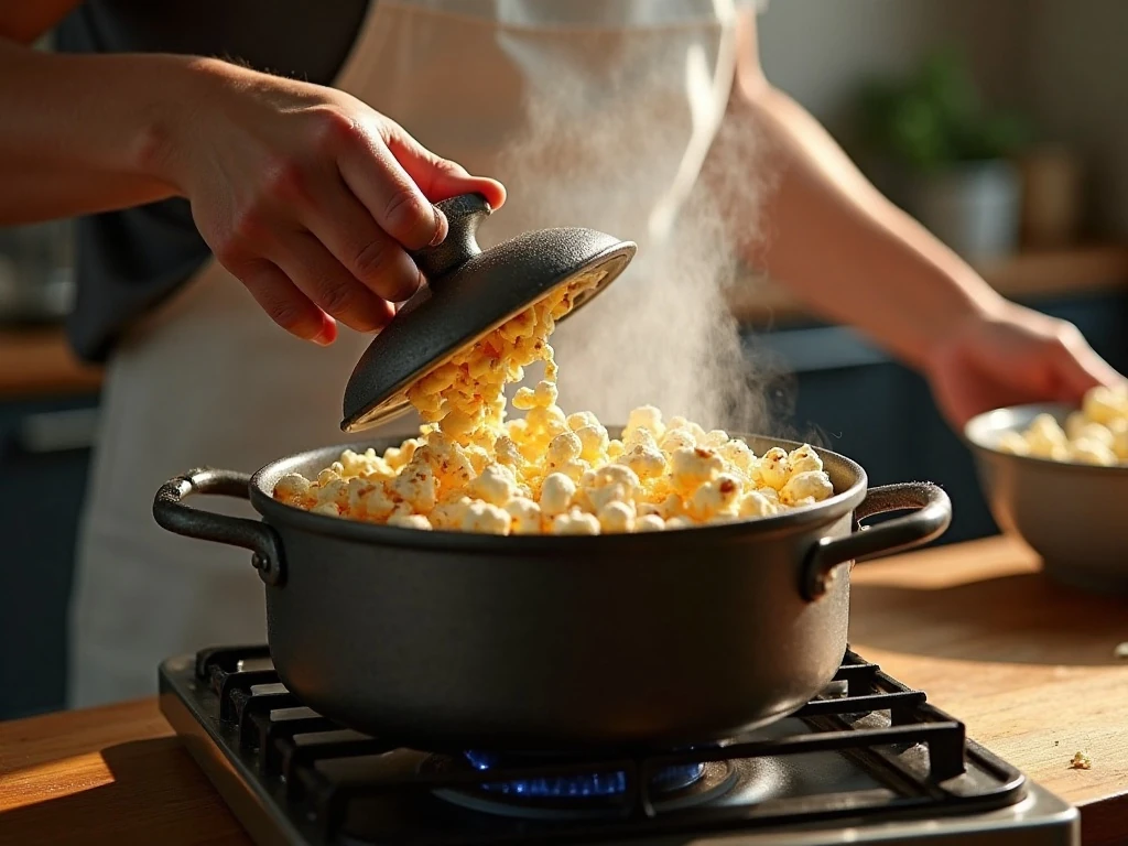 Popping popcorn kernels in a covered pot on the stovetop