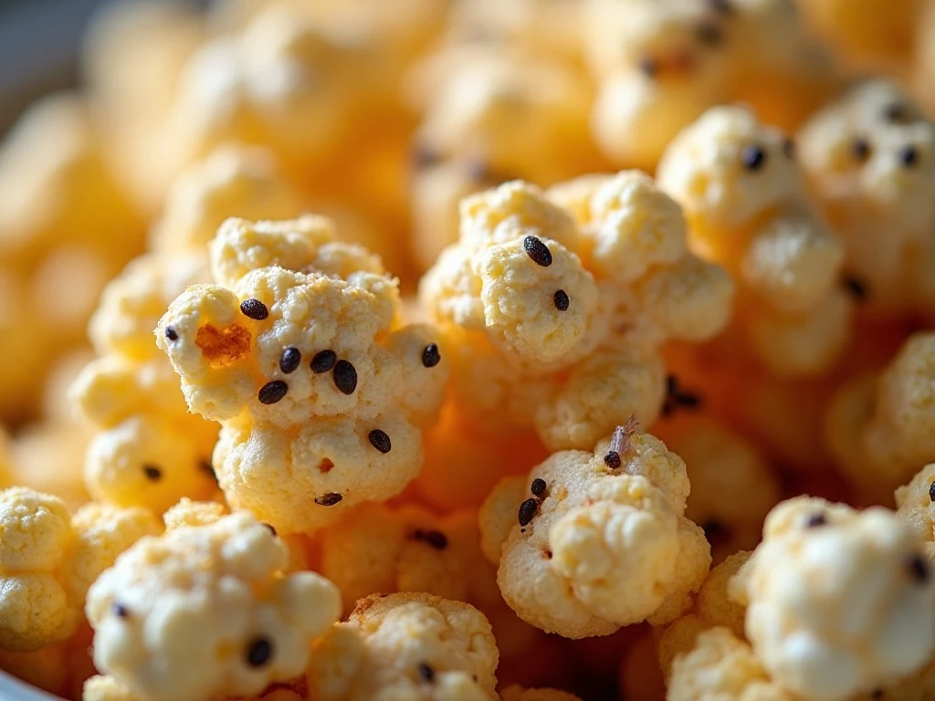 Close-up of everything bagel seasoning coating crisp popcorn