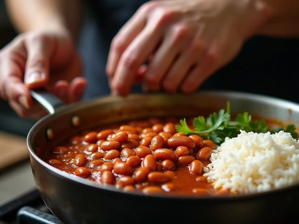 Red beans simmering with spices for a Popeyes copycat recipe