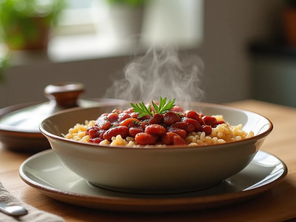 Reheated copycat red beans and rice ready to serve