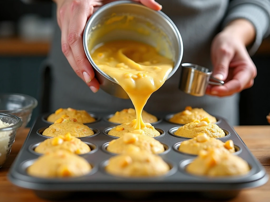 Pork and beans muffin batter portioned into a muffin tin
