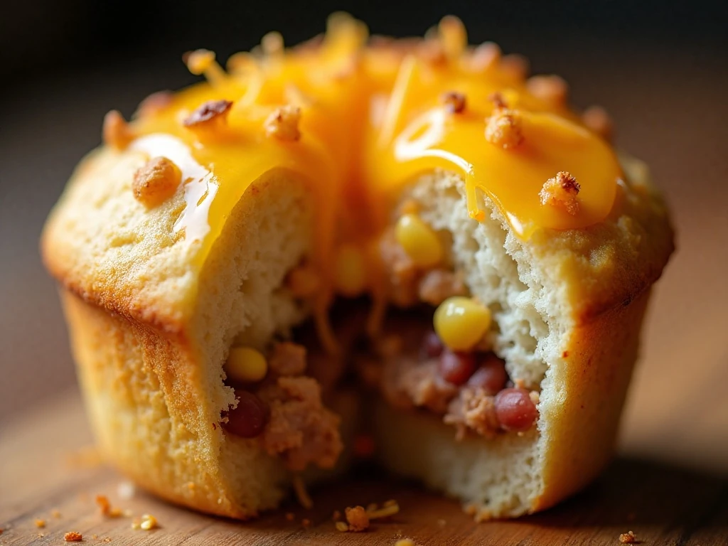 Close-up of cheesy pork and beans muffin texture