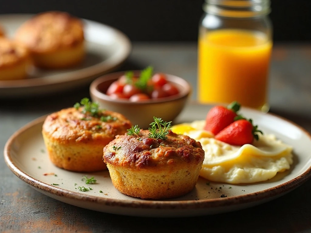Pork and beans muffins served with eggs and salsa