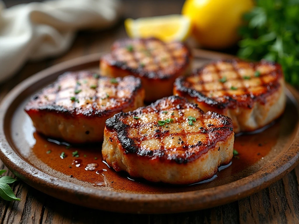 Juicy grilled pork chops with lemon and herbs on a serving platter