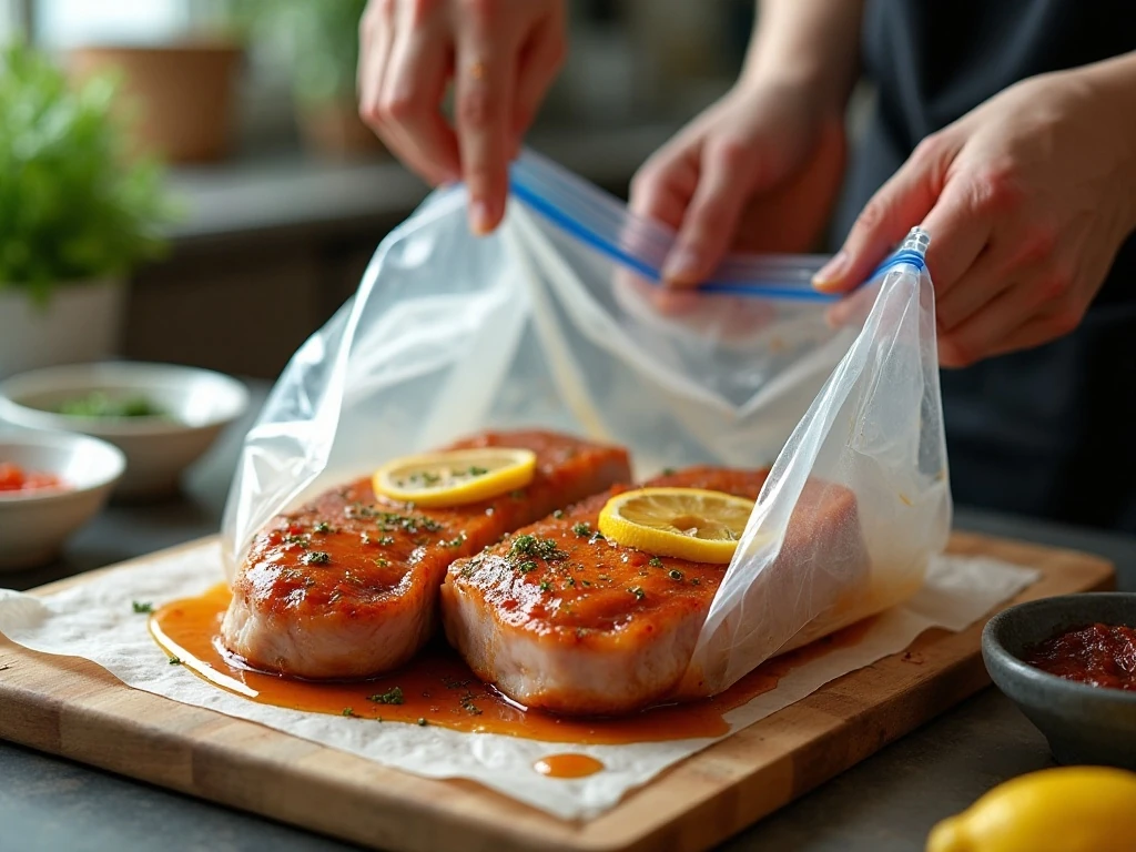 Pork chops being coated in homemade marinade