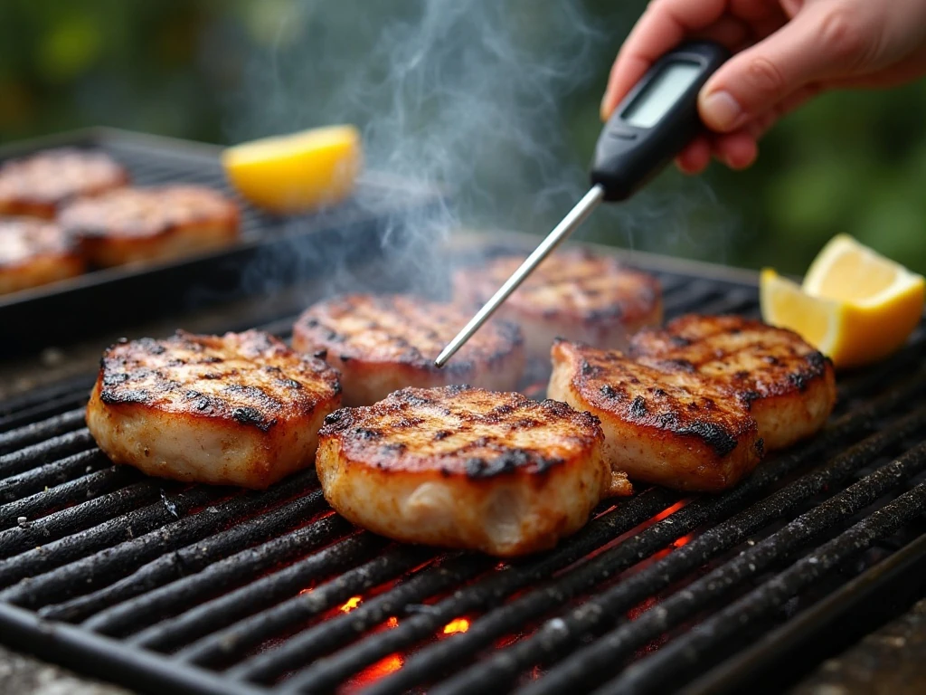 Marinated pork chops grilling over medium-high heat