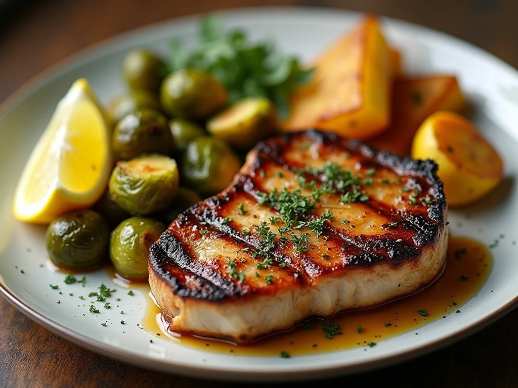 Grilled pork chop dinner with vegetables and potatoes