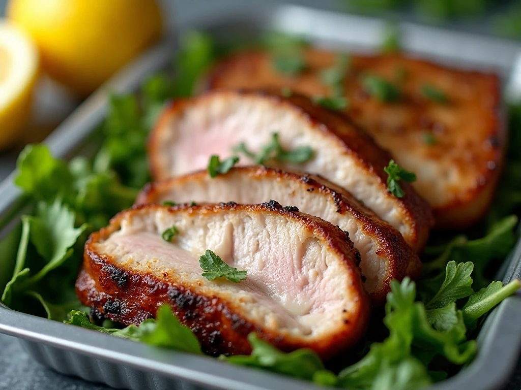 Sliced leftover pork chop ready for a meal-prep salad