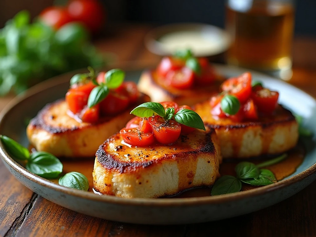 Four juicy bruschetta pork chops topped with tomatoes and basil