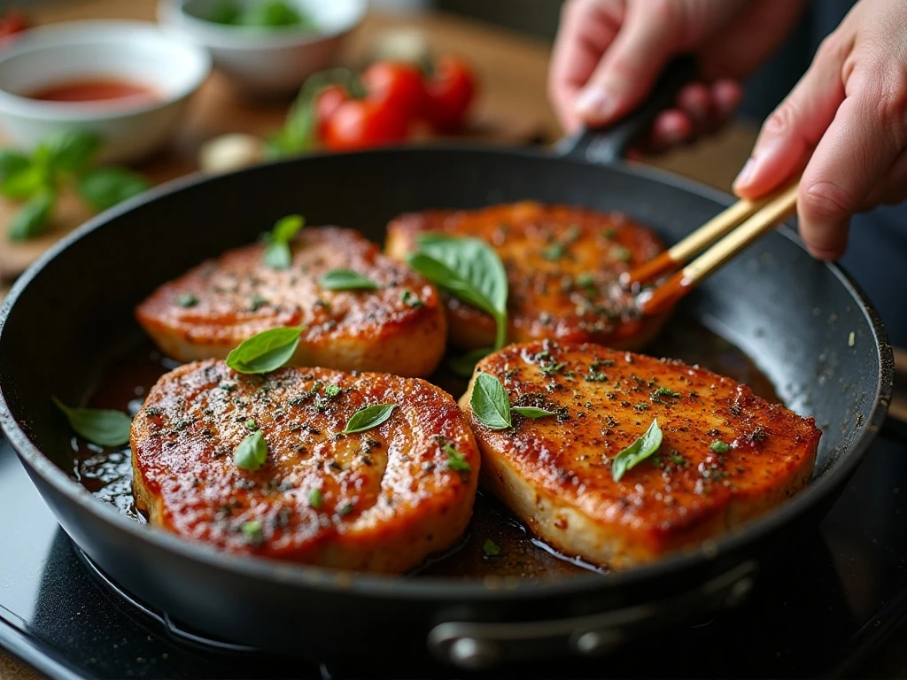 Pork chops browning in a skillet while bruschetta topping is prepared