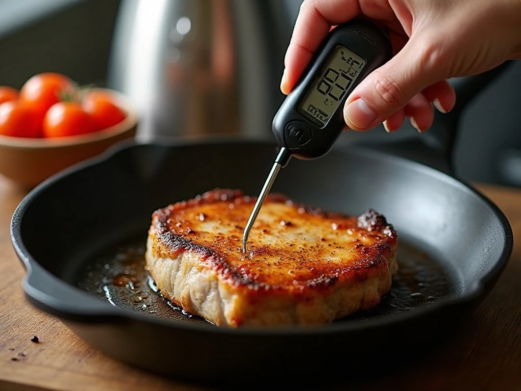 Checking pork chop temperature with an instant-read thermometer