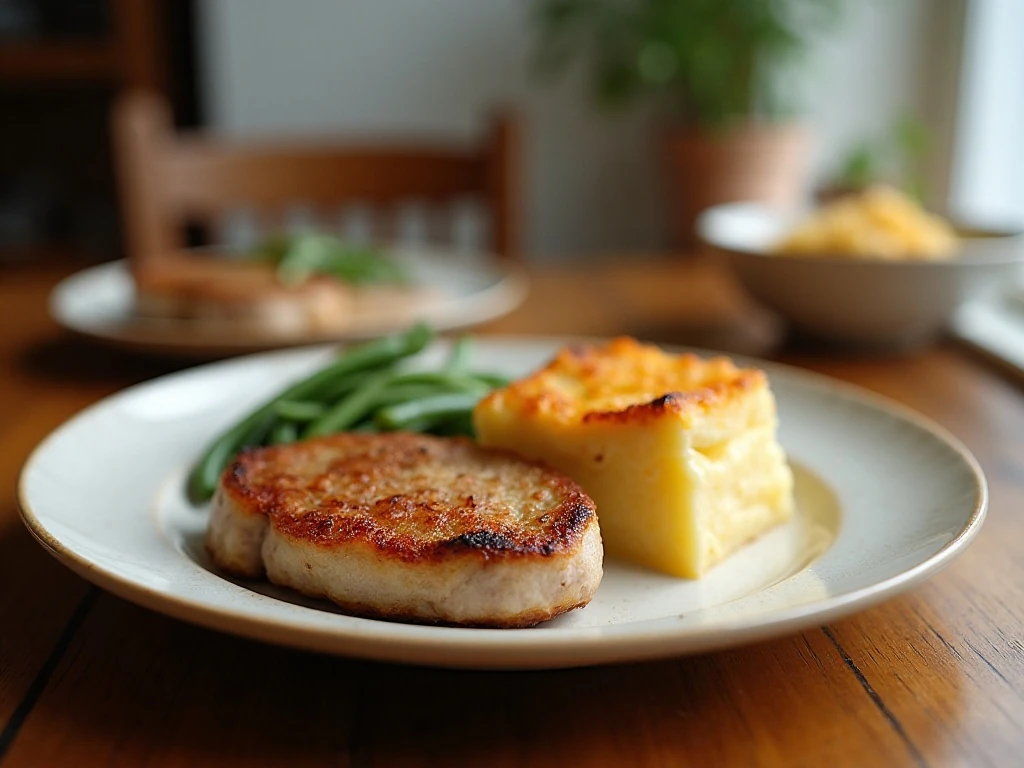 Pork chop served with creamy scalloped potatoes and onions