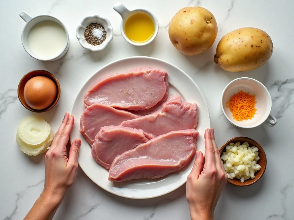 Ingredients for pork chops and scalloped potato casserole