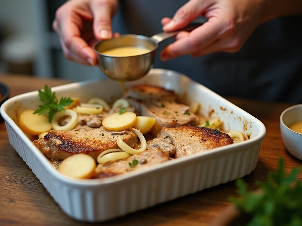 Preparing sliced potatoes and onions for the casserole