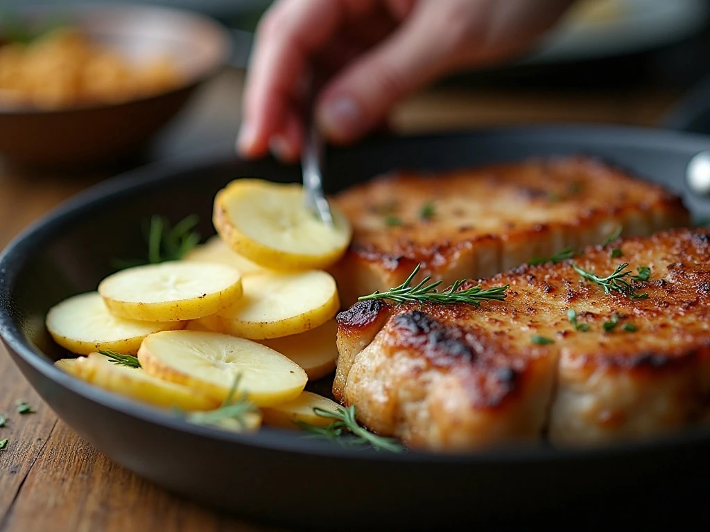 Uniform potato slices and browned pork chops