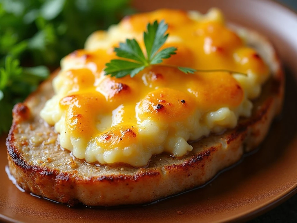 Golden cheesy topping on pork chop casserole