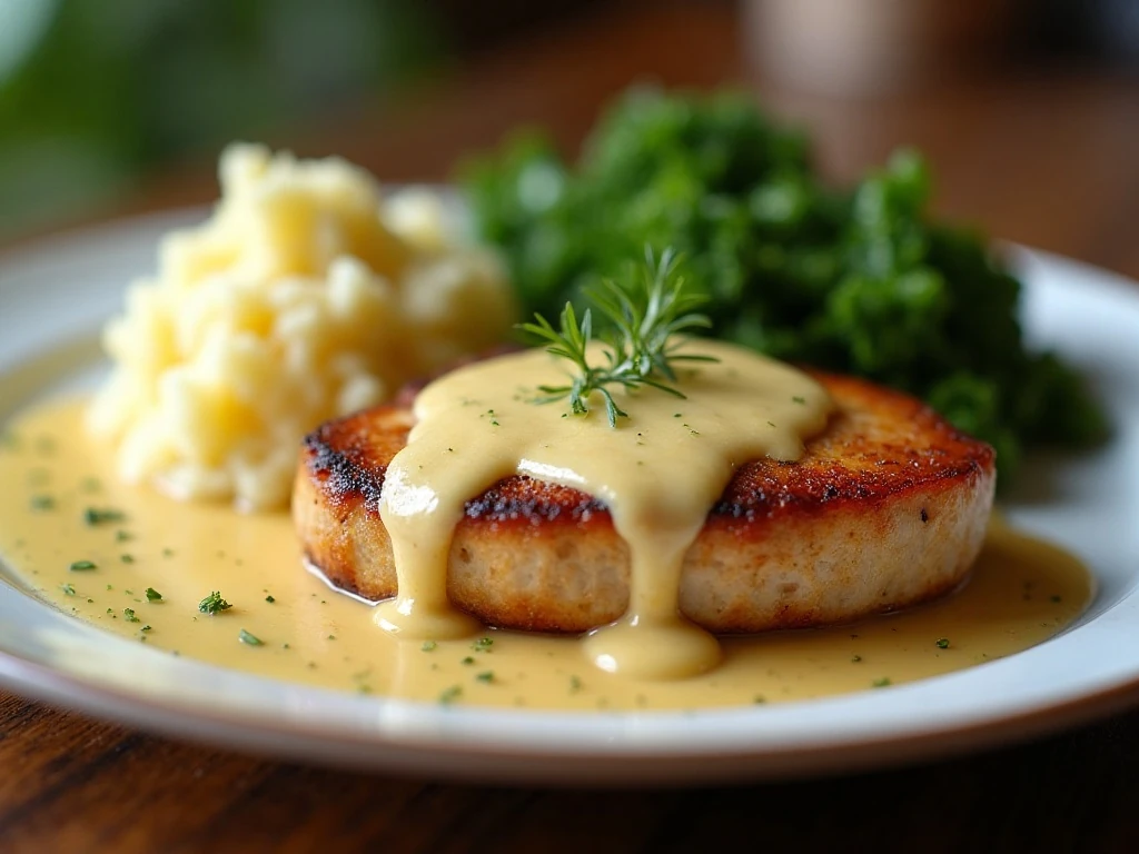 Creamy Dijon pork chop dinner served with mashed potatoes and vegetables