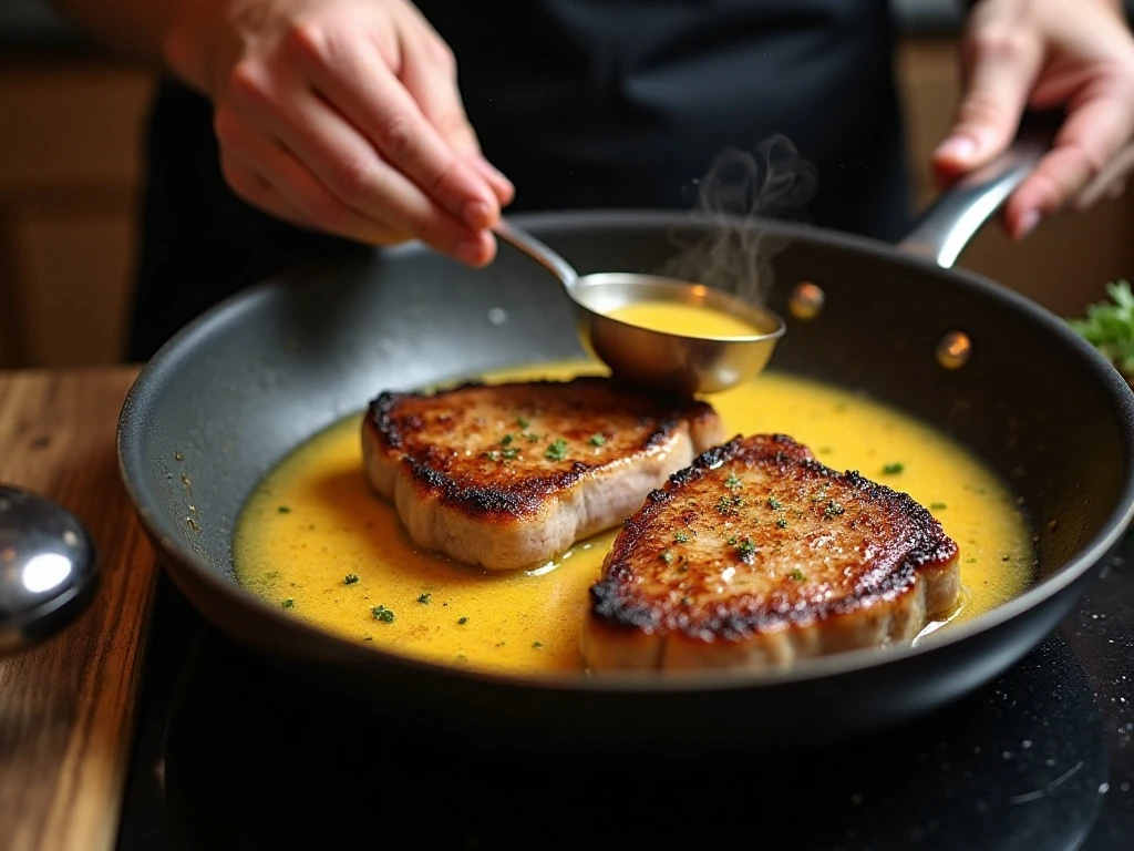Pork chops searing in a skillet before finishing in Dijon cream sauce