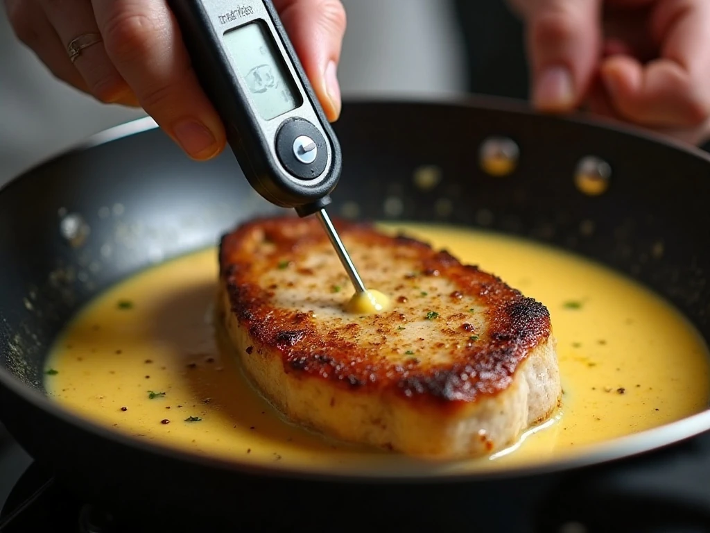 Checking pork chop temperature with an instant-read thermometer