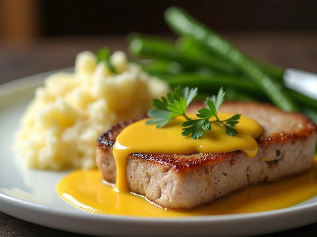 Creamy Dijon sauce and fresh herb garnish on a pork chop