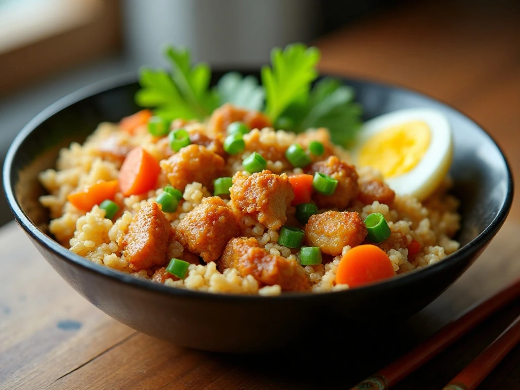 Bowl of easy pork fried cauliflower rice with pork, egg, vegetables, and green onions