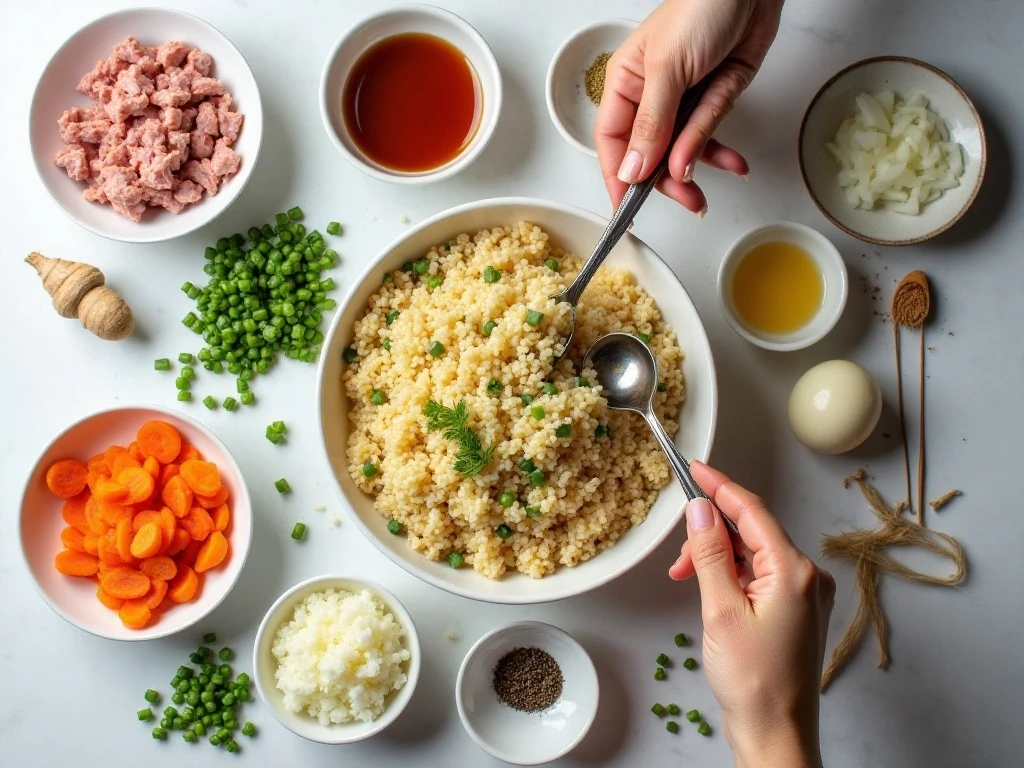 Ingredients for pork fried cauliflower rice arranged for cooking
