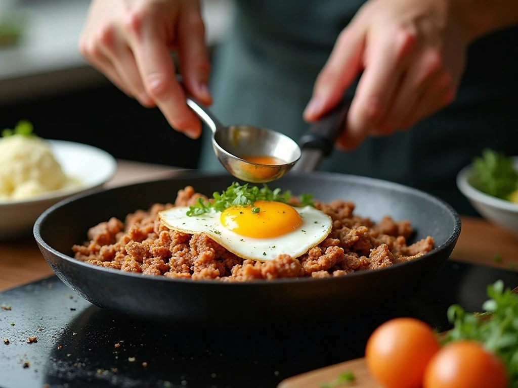 Cooking ground pork and egg for cauliflower fried rice in a skillet