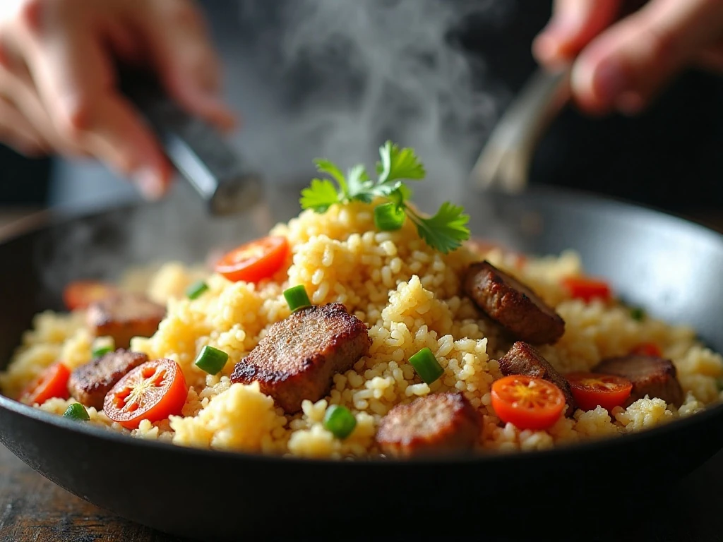 Cauliflower rice stir-frying in a wide skillet for better texture