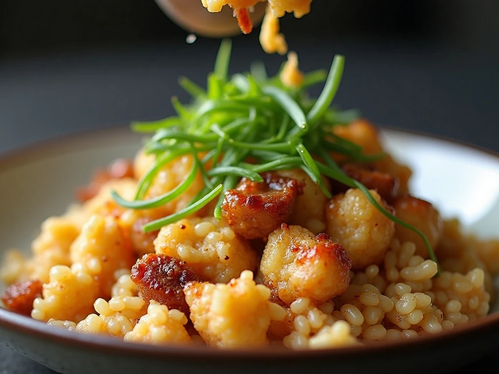 Green onions garnishing a serving of pork fried cauliflower rice