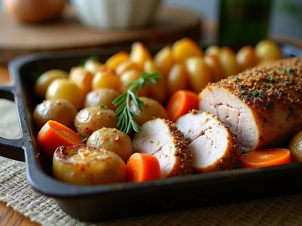 Sliced garlic herb pork loin with roasted potatoes carrots and onions