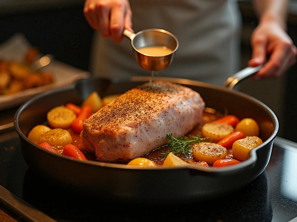 Seasoned pork loin placed with vegetables in a roasting pan