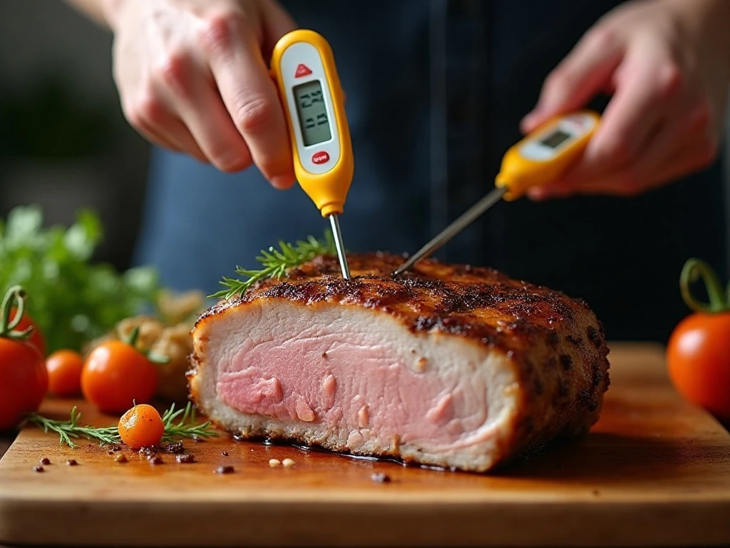 Checking pork roast temperature with an instant-read thermometer