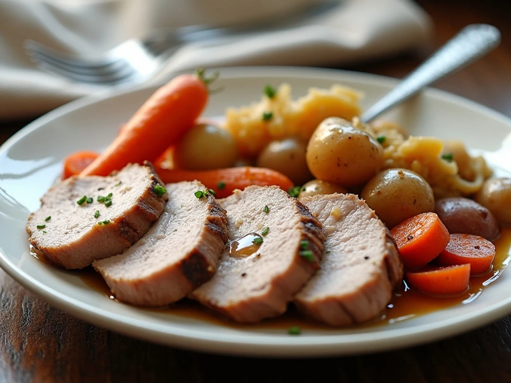Plated pork roast served with roasted vegetables and pan sauce